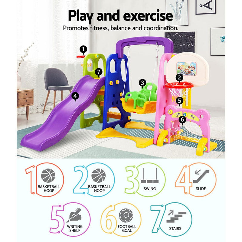 Keezi Kids Slide Swing Set Basketball Hoop Study Table Outdoor Toys 140cm Purple - ONLINE ONLY