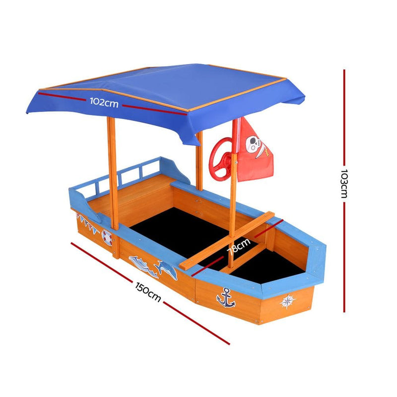 Keezi Kids Sandpit Wooden Boat Sand Pit with Canopy Bench Seat Beach Toys 150cm - ONLINE ONLY