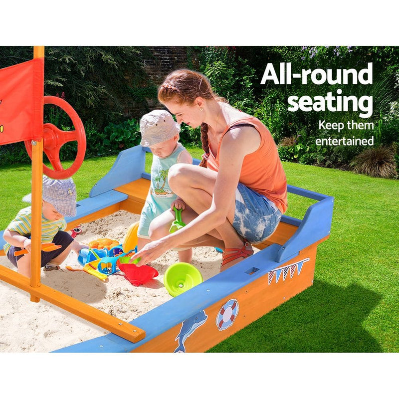 Keezi Kids Sandpit Wooden Boat Sand Pit with Canopy Bench Seat Beach Toys 150cm - ONLINE ONLY