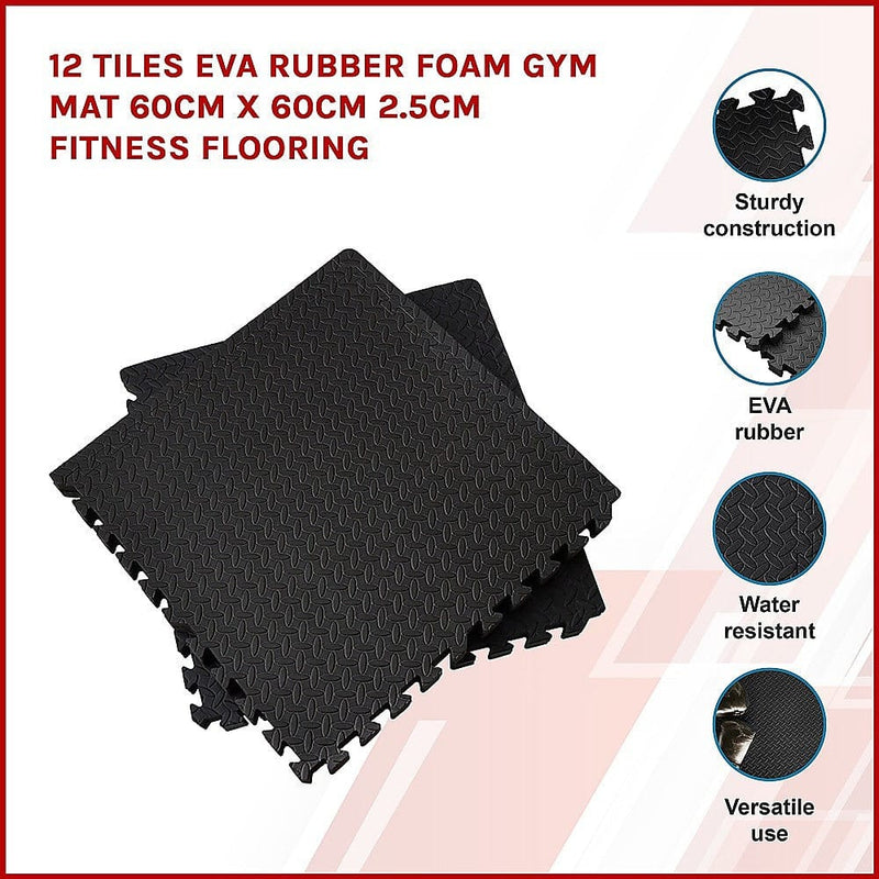 12 Tiles EVA Rubber Foam Gym Mat 60cm x 60cm 2.5cm Fitness Flooring [ONLINE ONLY]