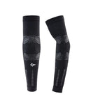 Front and angled views of pair of black Floky No-Strain arm sleeves showing grey ornamental Polynesian-style anatomical zone mapping with large circular elbow pad and forearm grip zones, Floky logo visible, 2 pieces product shot on white background