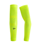 Front view of pair of neon yellow Floky No-Strain arm sleeves showing yellow-on-yellow anatomical zone mapping at elbow area and Floky logo, 2 pieces product shot on white background