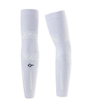 Front view of pair of white Floky No-Strain arm sleeves showing white-on-white ornamental anatomical zone mapping with decorative elbow pattern and Floky logo, 2 pieces product shot on white background