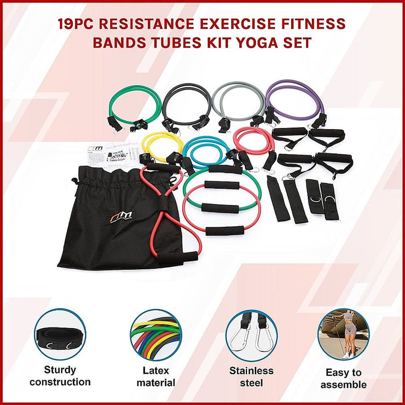 19PC Resistance Exercise Fitness Bands Tubes Kit Yoga Set (Online Only)