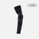 Side view of black Floky No-Strain base arm sleeve showing grey anatomical zone mapping with decorative curved line patterns at elbow and forearm, 2 pieces product shot on light grey background