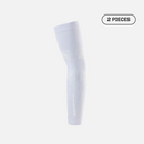 Side view of white Floky No-Strain base arm sleeve showing subtle white-on-white anatomical zone mapping pattern with compression knit texture, 2 pieces product shot on light grey background