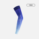 Side view of Floky No-Strain arm sleeve in Ice Comet colourway showing deep royal blue to icy aqua gradient ombre with subtle compression knit texture, single piece bent at elbow, product shot on light grey background