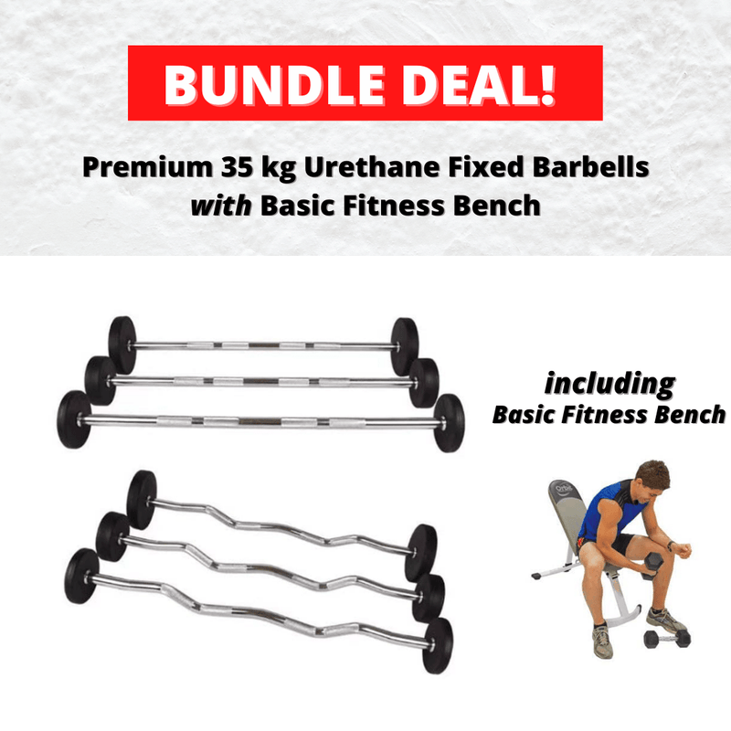 BUNDLE DEAL: Premium 35 kg Urethane Fixed Barbells with Basic Fitness Bench
