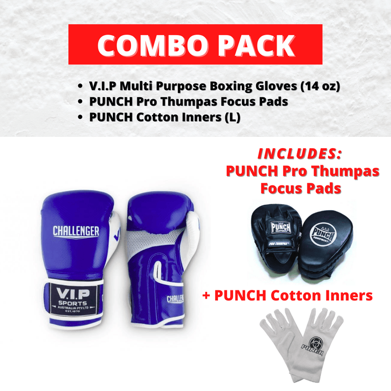BOXING COMBO PACK: V.I.P Multi Purpose Boxing Gloves (14 oz) with PUNCH Pro Thumpas Focus Pads and PUNCH Cotton Inners (L)