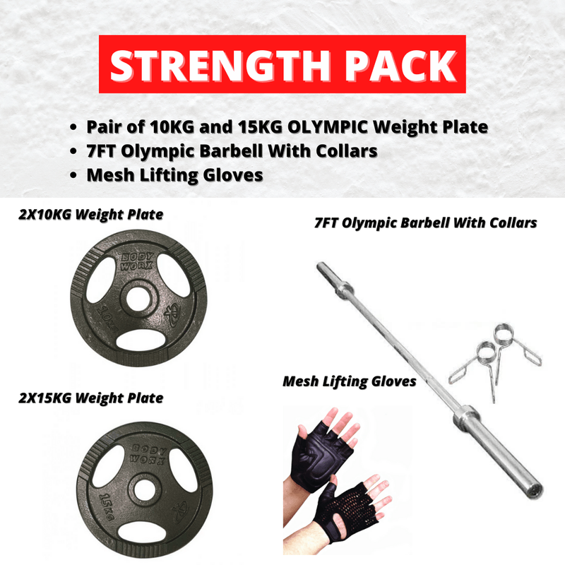 STRENGTH BUNDLE: OLYMPIC Weight Plate (10KG and 15KG pair) including 7FT Olympic Barbell With Collars and Mesh Lifting Gloves
