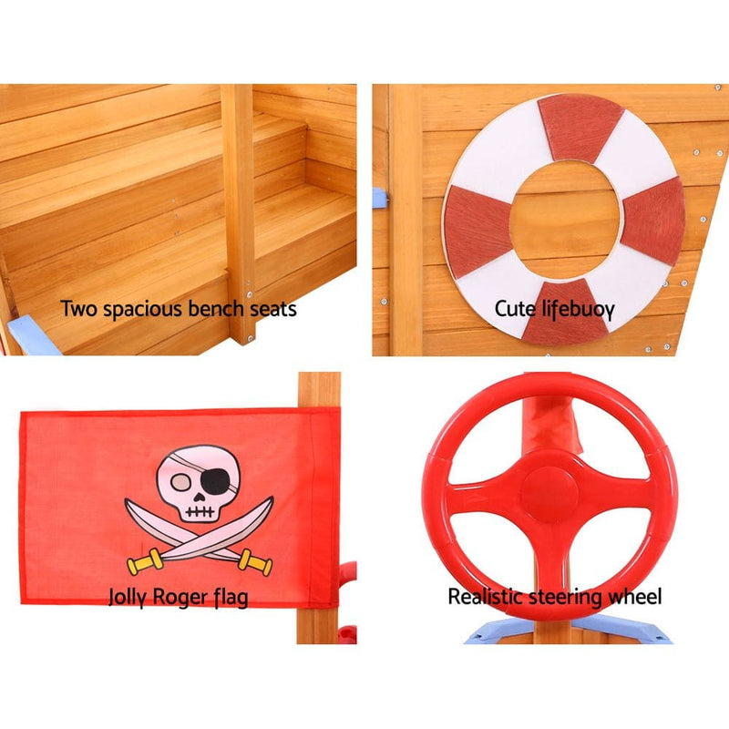 Keezi Kids Sandpit Wooden Boat Sand Pit with Canopy Bench Seat Beach Toys 165cm - ONLINE ONLY