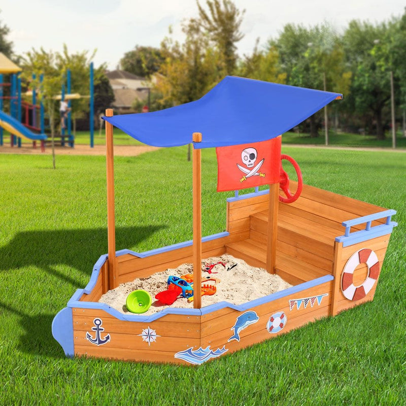 Keezi Kids Sandpit Wooden Boat Sand Pit with Canopy Bench Seat Beach Toys 165cm - ONLINE ONLY