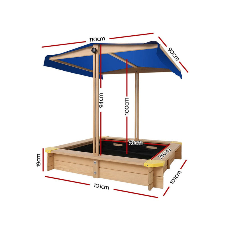 Keezi Kids Sandpit Wooden Sandbox Sand Pit with Canopy Bench Seat Toys 101cm - ONLINE ONLY