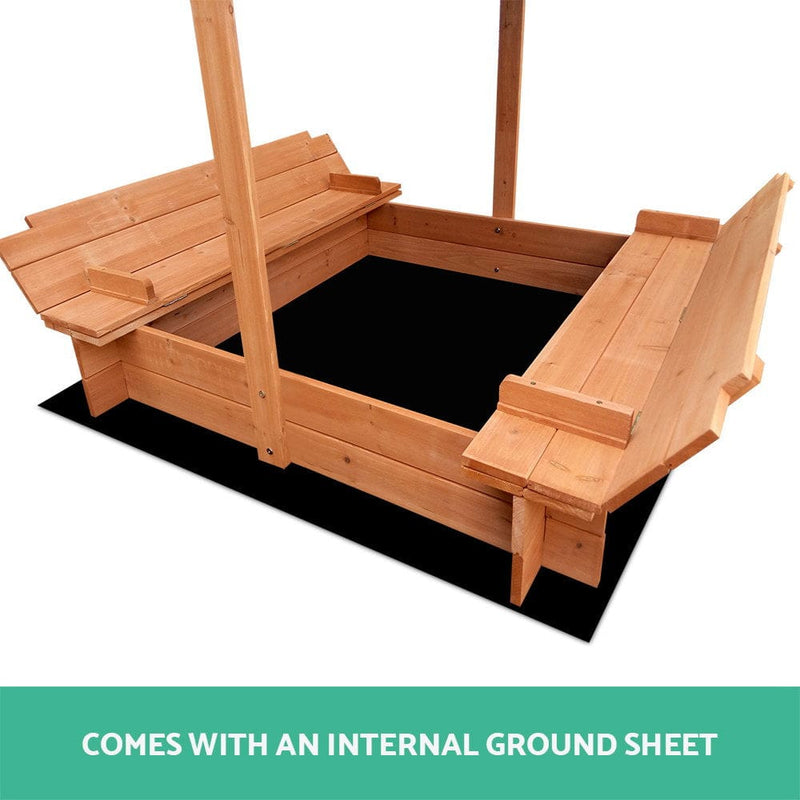 Keezi Kids Sandpit Wooden Sandbox Sand Pit with Canopy Foldable Seat Toys 120cm - ONLINE ONLY