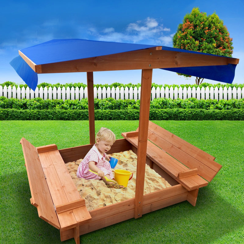 Keezi Kids Sandpit Wooden Sandbox Sand Pit with Canopy Foldable Seat Toys 120cm - ONLINE ONLY
