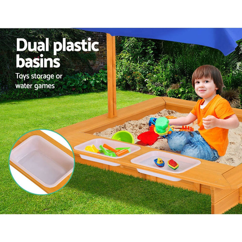 Keezi Kids Sandpit Wooden Sandbox Sand Pit with Canopy Water Basin Toys 103cm - ONLINE ONLY