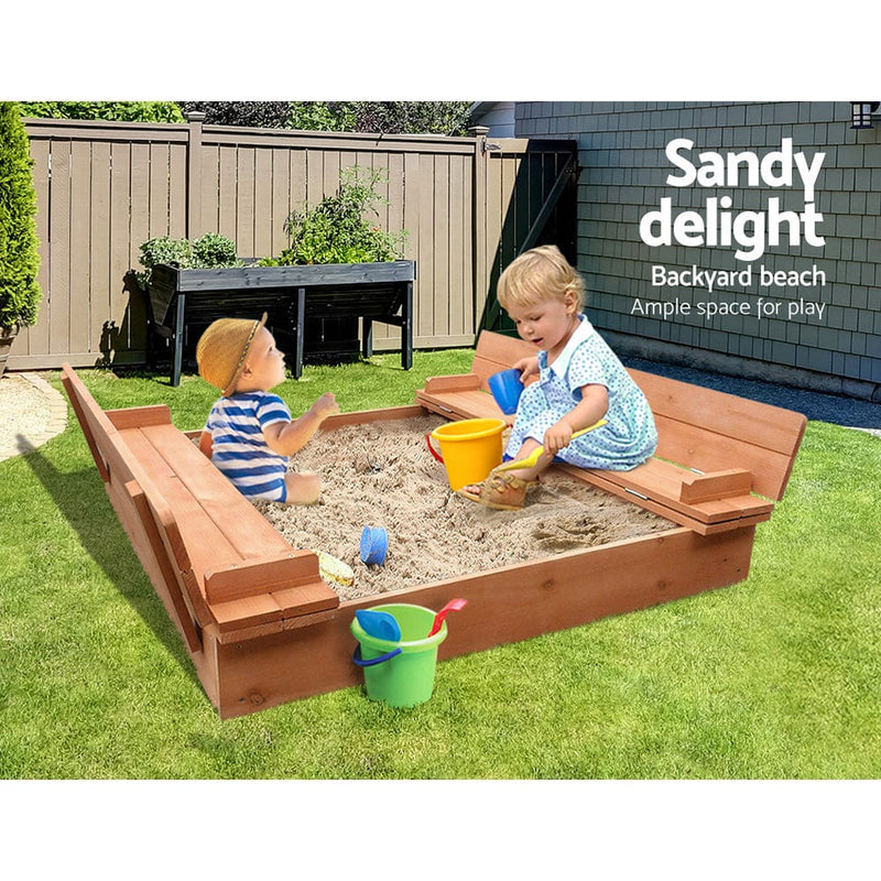 Keezi Kids Sandpit Wooden Sandbox Sand Pit Foldable Seat Outdoor Beach Toys 90cm - ONLINE ONLY