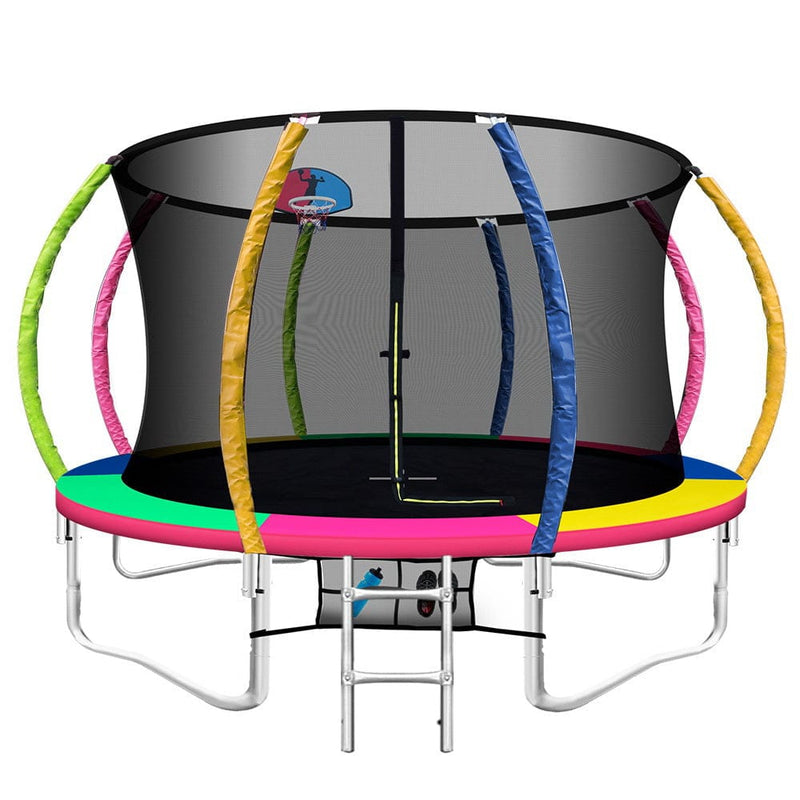 E FIT 12FT Trampoline Round Trampolines With Basketball Hoop Kids Present Gift Enclosure Safety Net Pad Outdoor Multi-coloured [ONLINE ONLY]
