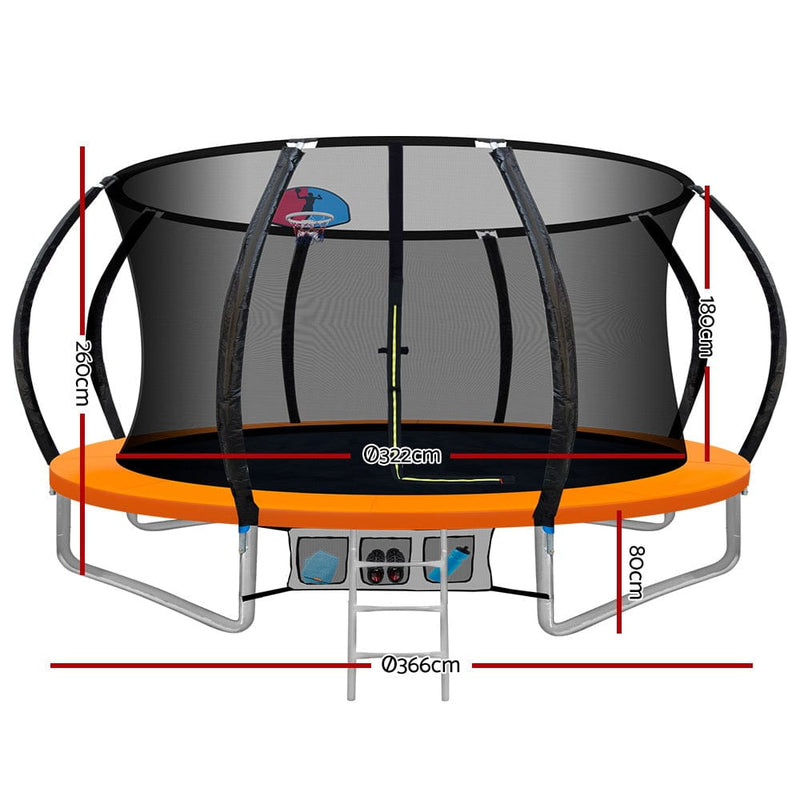 E FIR 12FT Trampoline Round Trampolines With Basketball Hoop Kids Present Gift Enclosure Safety Net Pad Outdoor Orange [ONLINE ONLY]