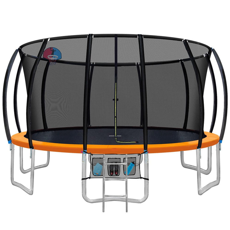 E FIT 16FT Trampoline Round Trampolines With Basketball Hoop Kids Present Gift Enclosure Safety Net Pad Outdoor Orange [ONLINE ONLY]