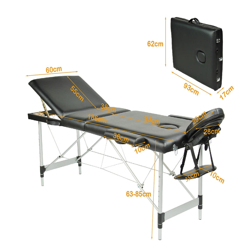 YES4HOMES Black 3 Fold Portable Aluminium Massage Table Massage Bed Beauty Therapy - Online Only