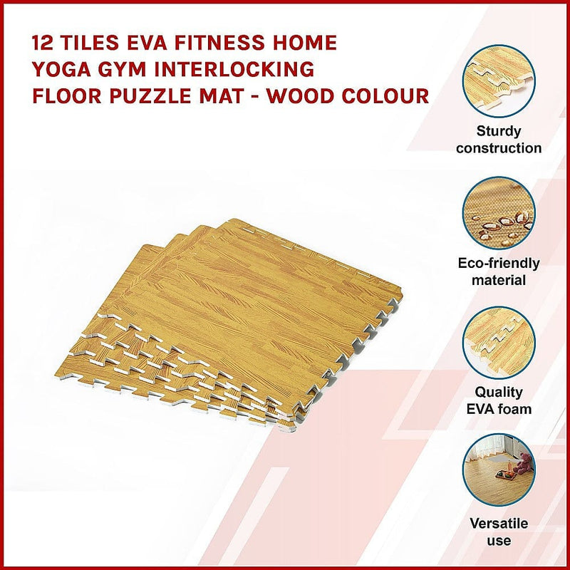 12 Tiles EVA Fitness Home Yoga Gym Interlocking Floor Puzzle Mat - Wood Colour [ONLINE ONLY]