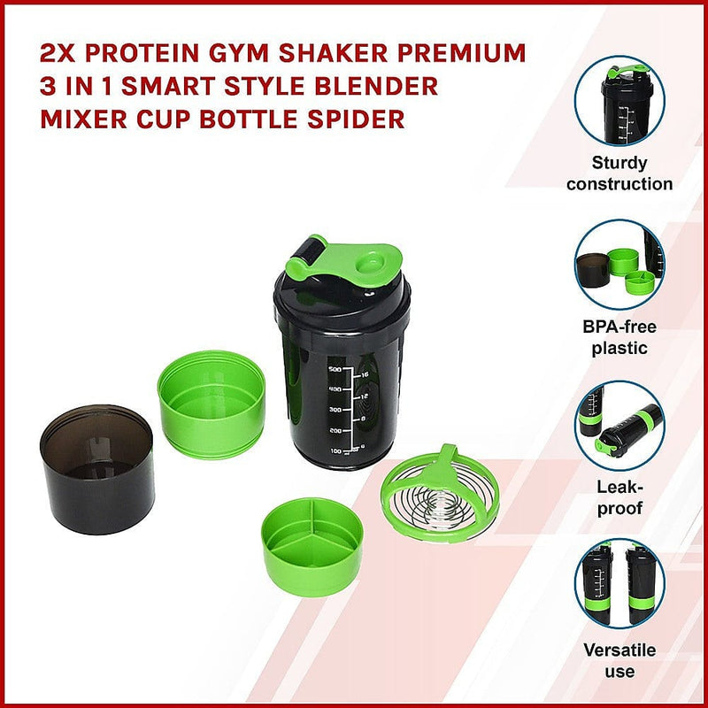 2x Protein Gym Shaker Premium 3 in 1 Smart Style Blender Mixer Cup Bottle Spider [ONLINE ONLY]