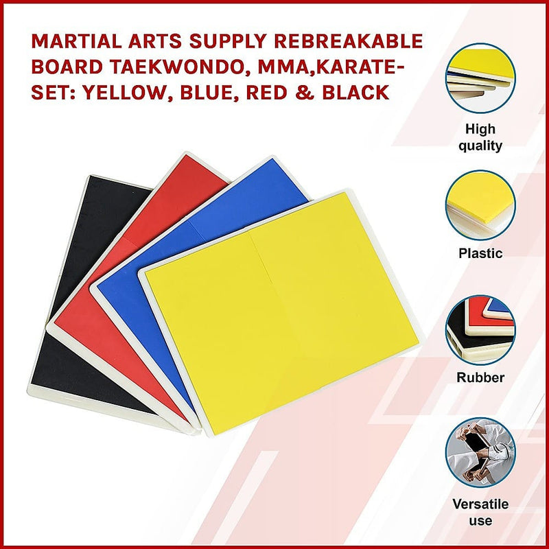 Martial Arts Supply Rebreakable Board Taekwondo, MMA, Karate-Set: Yellow, Blue, Red & Black [ONLINE ONLY]